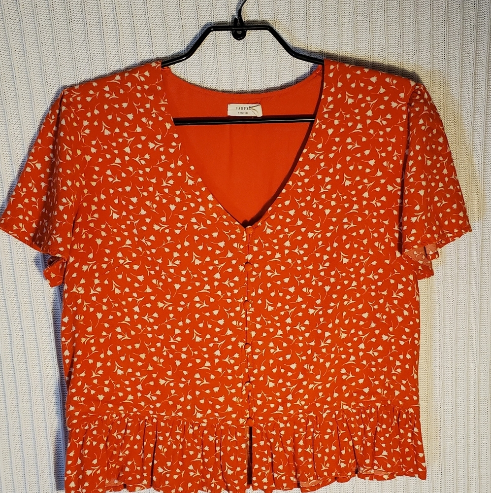 Harper Heritage, Floral Orange & White Blouse🧡 women's size Small